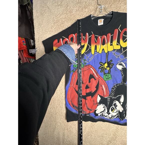 Vtg Halloween Pumpkin Kitty 1996 90s All Over Print T-shirt Unisex Sz L Costume - Picture 14 of 16